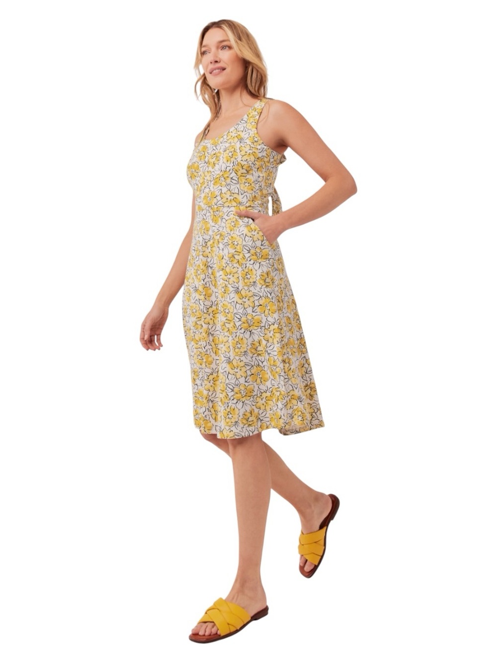 Pact Fit & Flare Tie-Back Dress Medium Yellow Floral Organic Cotton